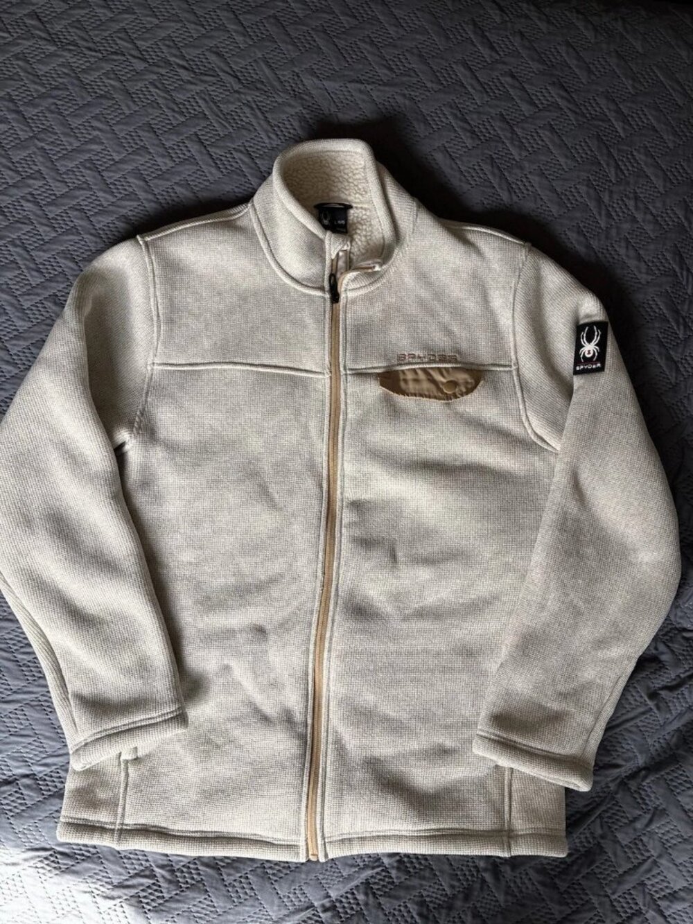Spyder Men's Sherpa Lined Full Zip Sweater Fleece Jacket Beige